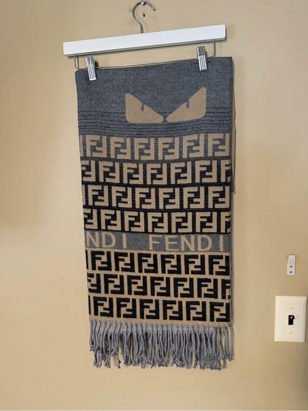 Designer Style Monogram Fringe Scarf in Cashmere and Silk